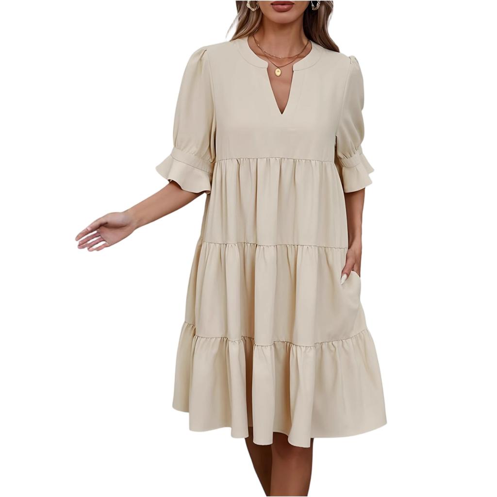 Women's Fashion Casual Slim Middle Sleeve V-Neck Ruffle Dresses