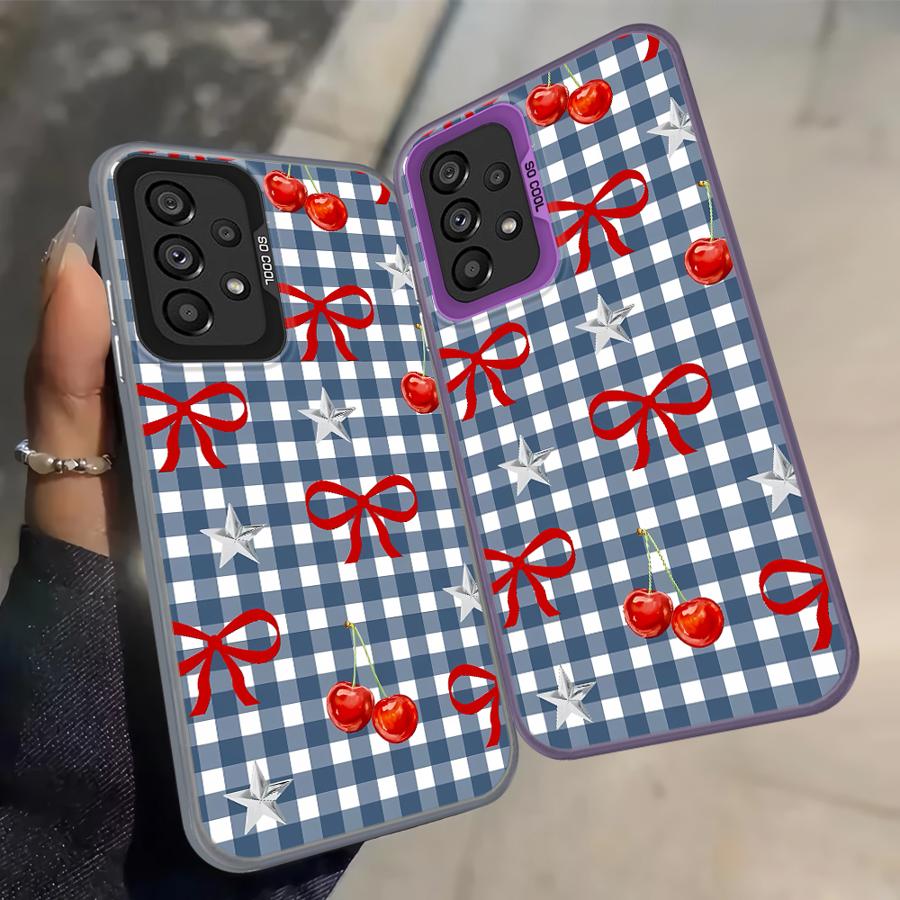 Case for Samsung Galaxy A12 A31 A24 A25 A17 A20s A26 A13 A14 A35 A21s A23 A15 A16 A34 Phone Cover Cherry Checkered Pattern