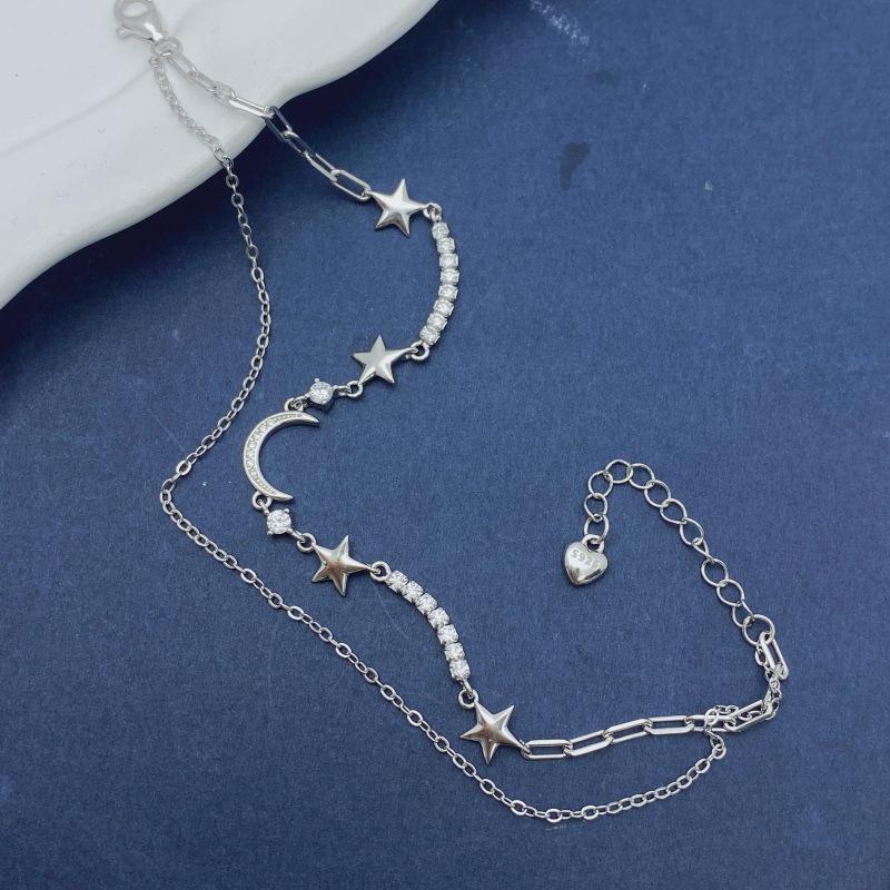 S925 Sterling Silver Star & Moon Double Layer Bracelet - Elegant, High-End Gift for Women