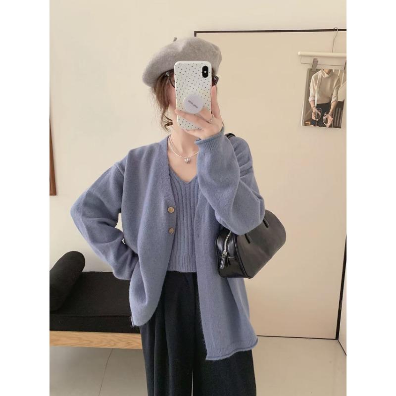 Lazy Wind Knitted Sweater Cardigan Sweater Jacket Top with V-neck Sling Vest Simple Two-piece Set Women