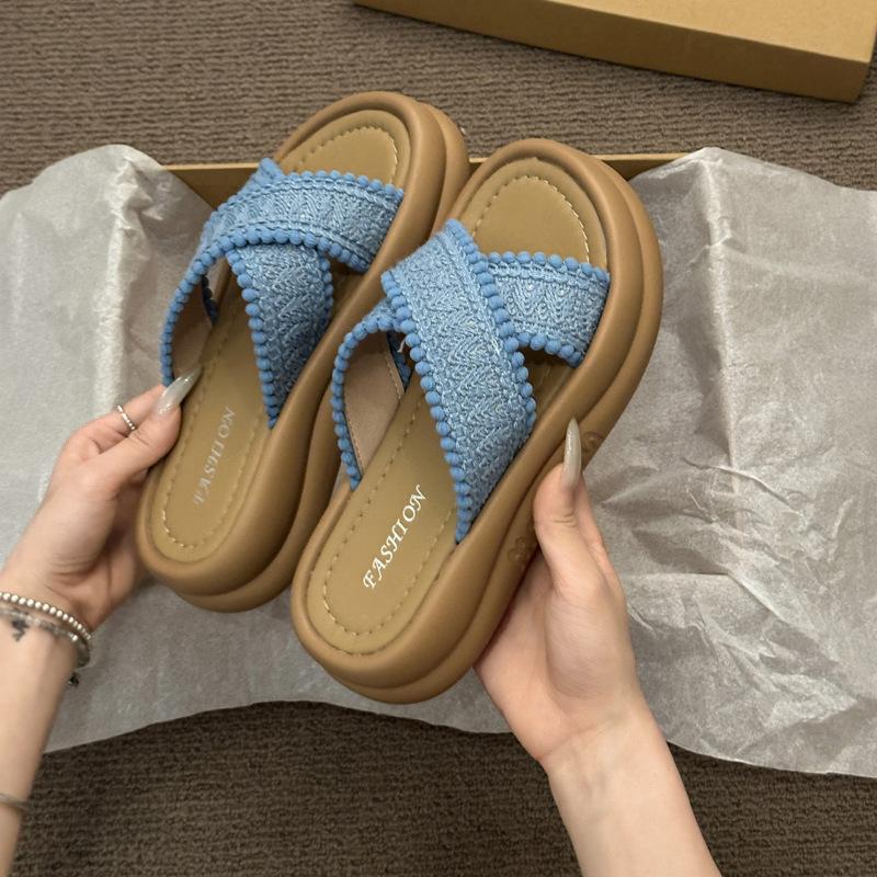 Thick bottom with skirt cool slippers women's summer wear new retro vacation seaside beach cross slippers