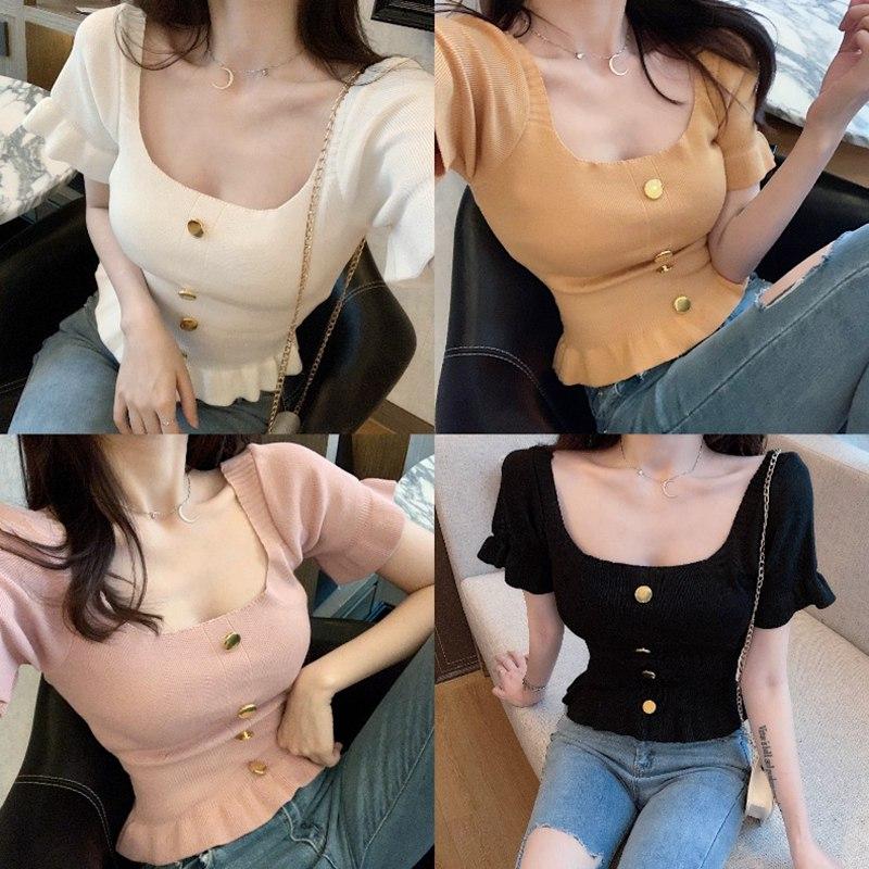 Women Summer Knitted T-shirt Tops Square Collar Short-sleeved Slim Ruffled Ice Silk Outer Wear Short Solid