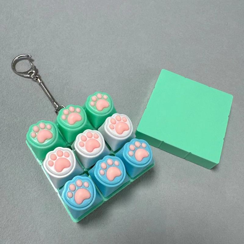 9 Keys Silent Keyboard Keychain Creative Cat Paw Keycap Fidget Toys Stress Relief Toys For Kids Adults Gift