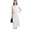 Midi Linen Office Sizes S M [ELLE] Women's Dress, V-Neck, Blend/Lyocell Blend, Belted, Slit, Elegant, Commuting, Casual, Spring/Summer, White, &
