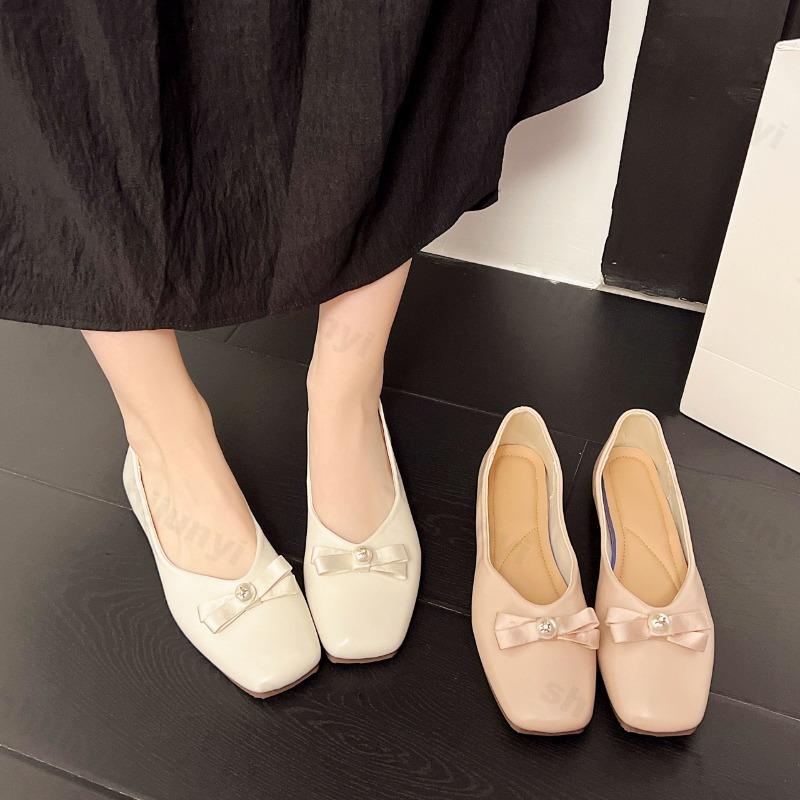 Fashion Elegant Bow Designed Square Head Casual Mary Jane Flats for Women New Autumn 2025 Shallow Mouth Comfortable Slip on Single Shoes