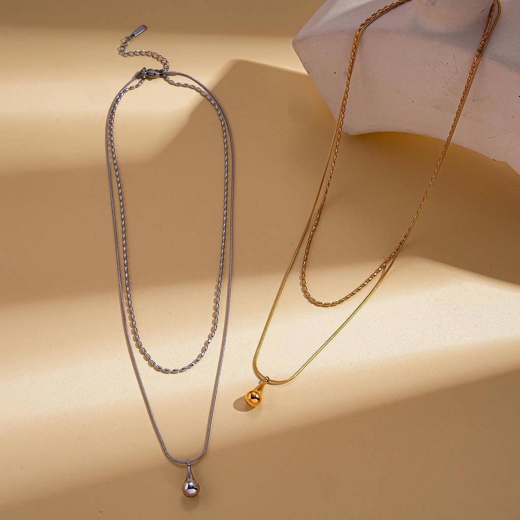 European & American Stainless Steel Double-Layer Water Drop Pendant Necklace - Fashionable Clavicle Chain for Women.