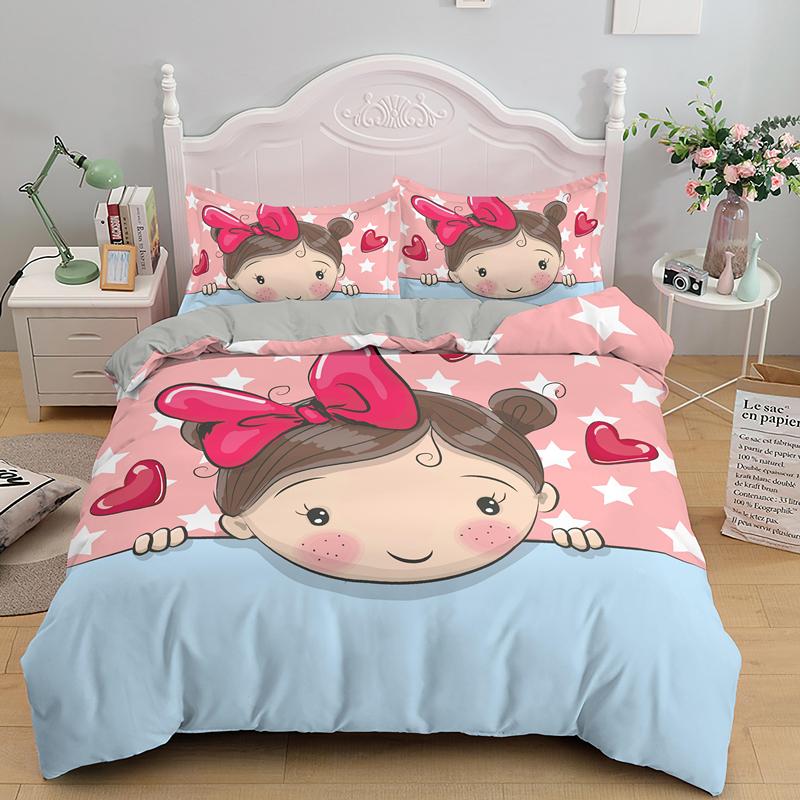 Cartoon Lovely Girls King Queen Duvet Cover Cute Little Girl Pattern Bedding Set Kids Pink Pretty 2/3pcs Polyester Quilt Cover