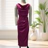 Women's Satin Ruched High Slit Bodycon Maxi Dress Sexy Sleeveless Cocktail Party Wedding Guest