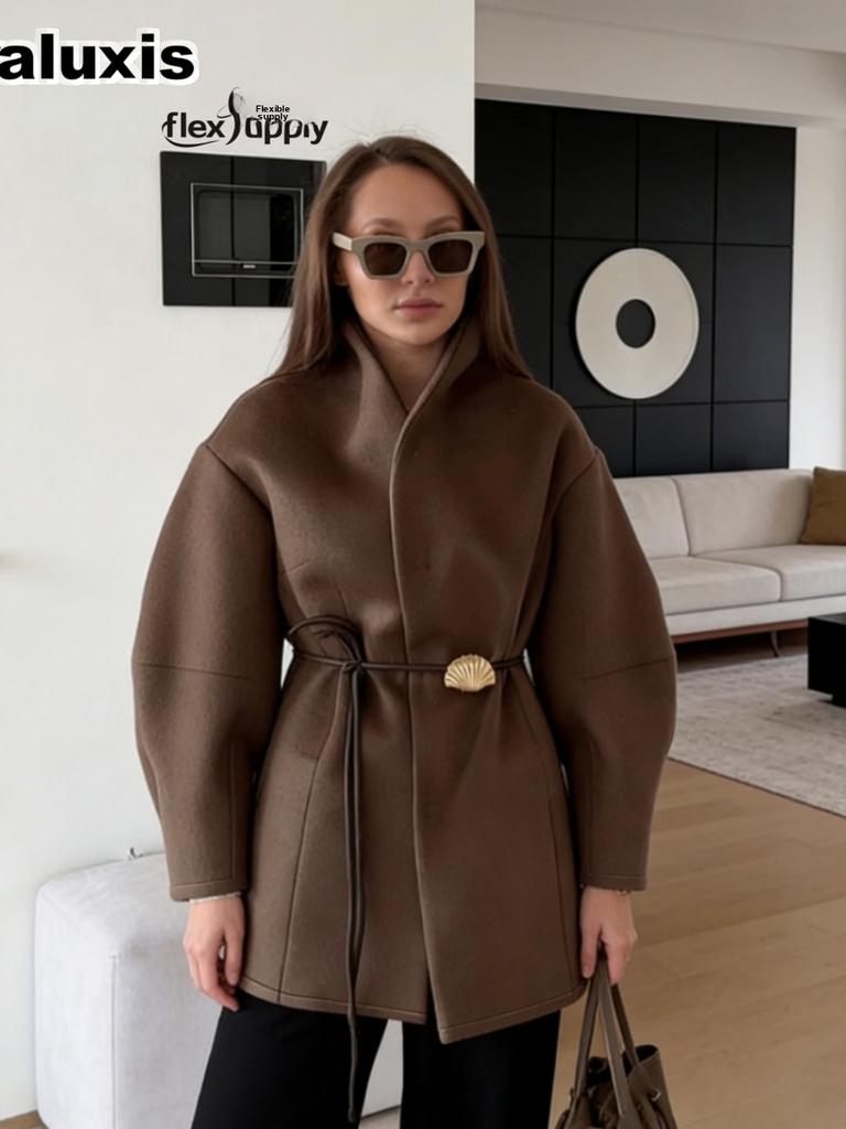 Autumn/Winter New Arrivals Elegant Brown Cinched Waist Wool Blend Coat for Women
