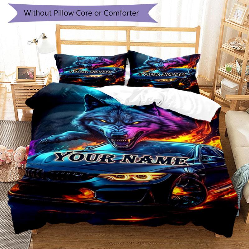 3pcs Custom Name Wolf Car Spirit" Bedding Set Printed Bedding Set Duvet Cover Closure Includes 1 Duvet Cover & 2 Pillowcases Bedroom Decor