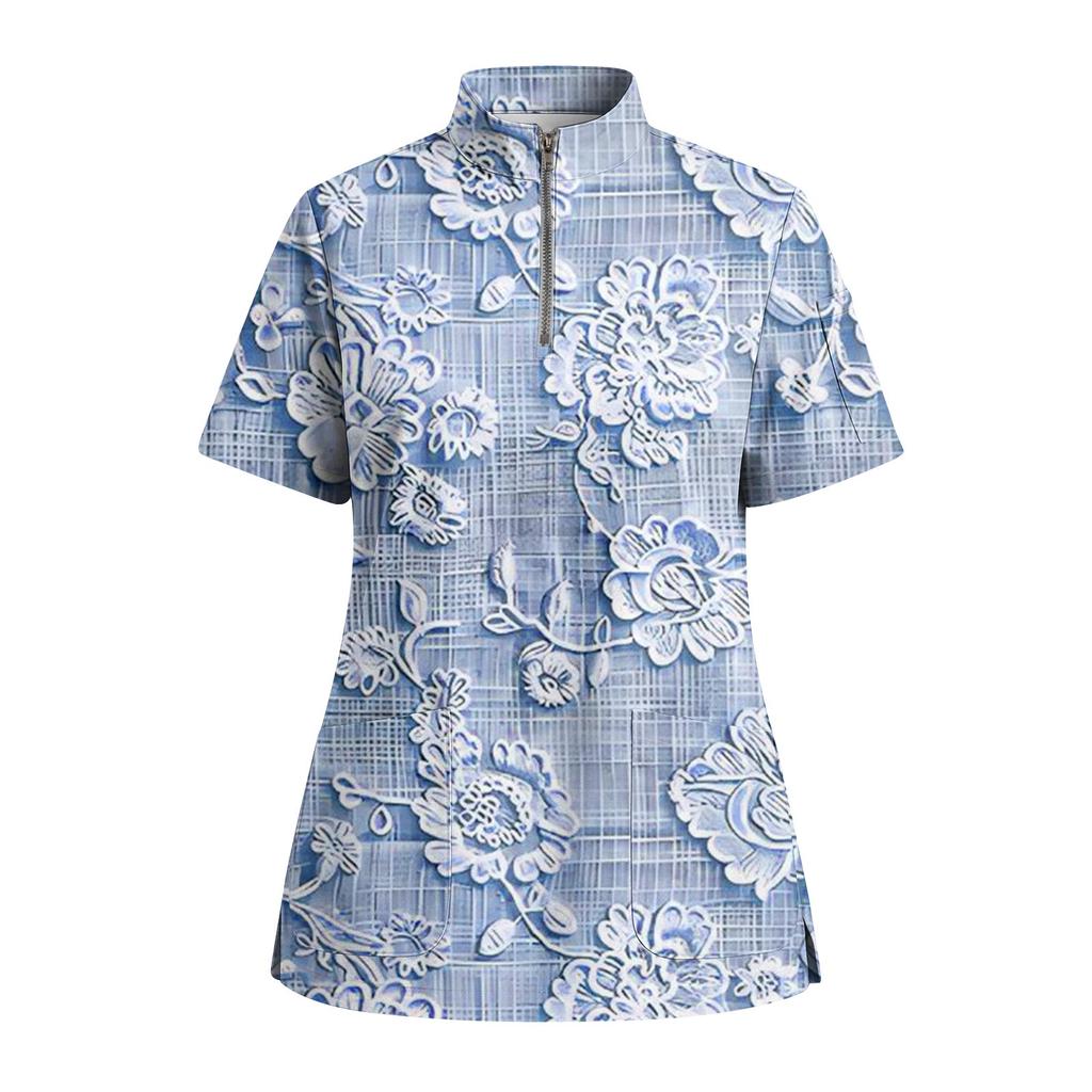 Women's Short Sleeved Printed V-neck Buttonable Side Slit Top T-shirt