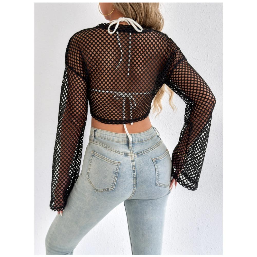 New Casual Perspective Sweater Flared Sleeves Loose Round Neck Hollow Navel Sweater for Women