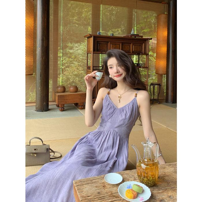 Gorgeous Purple Spaghetti Strap Summer Dress: Waist-Cinching Beachwear for Women Small