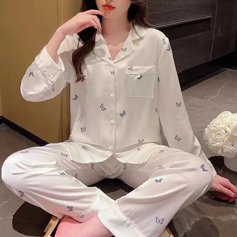 White Butterfly Women Pajamas Sets Satin Silk Autumn Winter Long Sleeves Long Pants Sleepwear Sweet Pyjama Casual Pijama Cozy