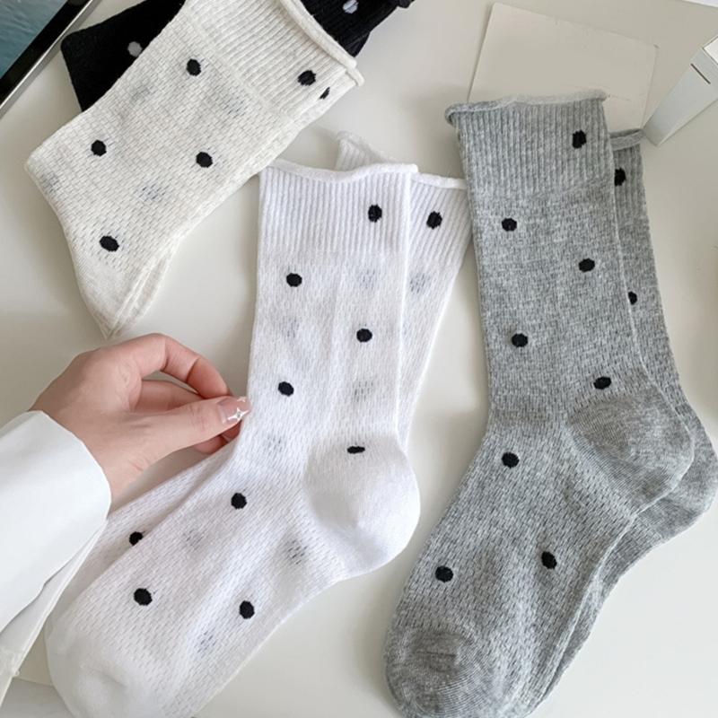 Womens Japanese Vintage Dots Pattern Cotton Middle Tube Calf Socks Hollow Out Breathable Mesh Thin Roll Cuffs Crew Socks