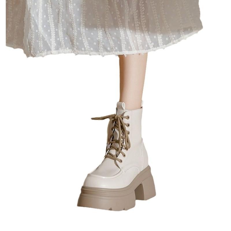 Small Inner Height Increase White Martin Boots Women's 2024 New Thick-soled Lace-up Short Boots Niche High-top Thick-heeled Single Boots