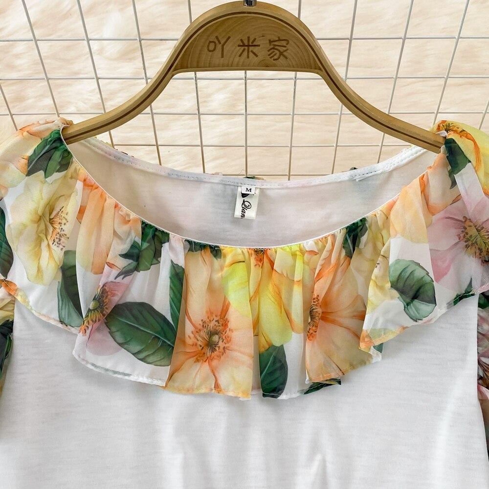 Set Female Celebrity Round Neck Patchwork Ruffle Printed Top Two Piece Set High Waist Medium Length Hip Wrap Skirt