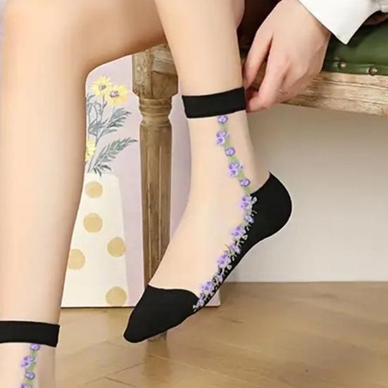 5 Pairs Women's Floral Print Sheer Socks Summer Thin Transparent Mesh Ankle Socks Casual Breathable Crew Socks