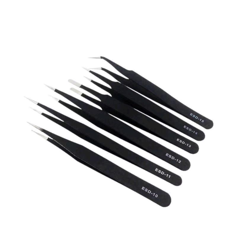 Black Anti-Static Stainless Steel Curved Tip Tweezers Set for Nail Art, Journaling, and Repairs