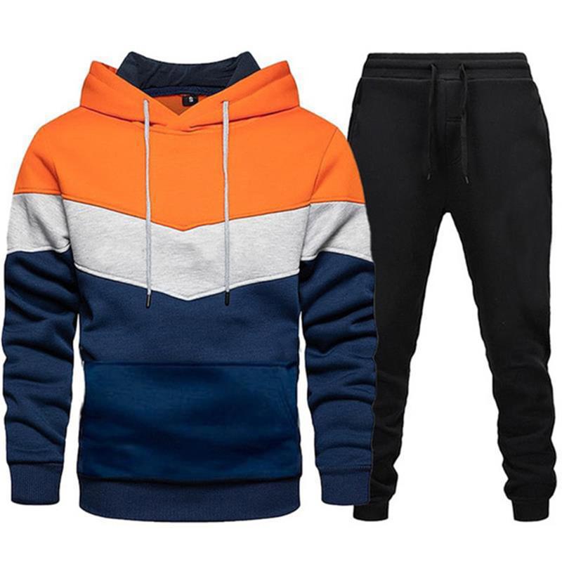 New fashion men s hooded sweater suit casual sports color matching autumn and winter hooded suit S оранжевый