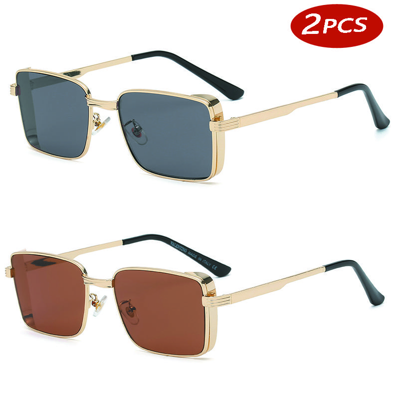2pcs Fashion Square Steampunk Sunglasses Luxury Brand Designer Men Women Retro Rectangle Punk Metal Frame Sun Glasses UV400