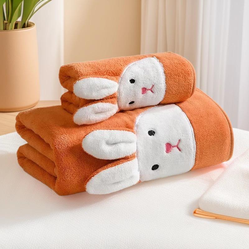 Coral Fleece Cartoon Rabbit 3D Quick-Dry Absorbent Bath Towel Set for Kids & Couples