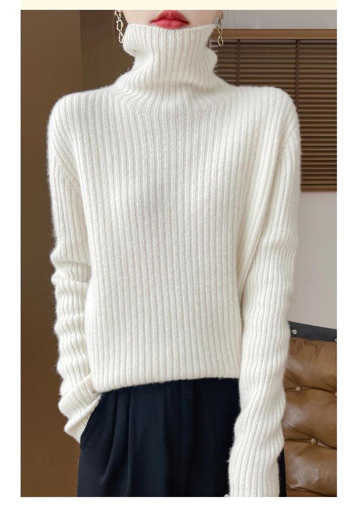 Women's High Neck Wool Sweater - Slim Fit, 100% Wool, Striped, Autumn/Winter Knit Pullover