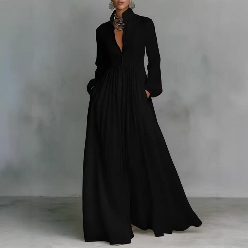 Spring New Arrival Women's Fashion Elegant Solid Color V-neck Splicing Long Dress for Leisure Wholesale