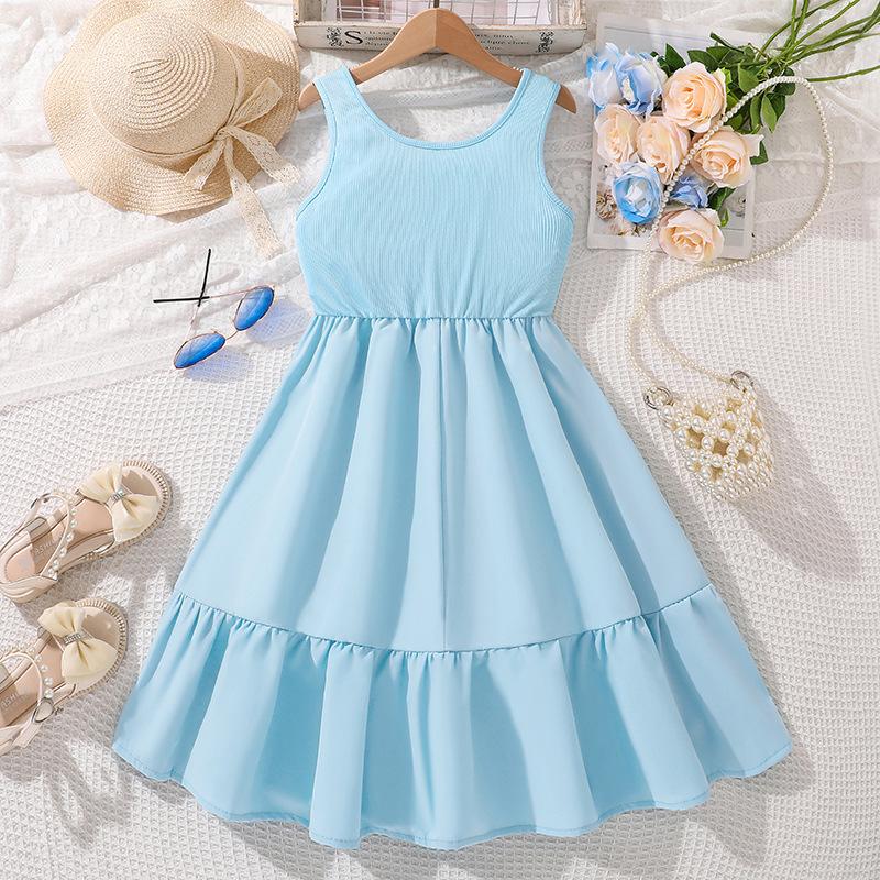 Sommerkleid für ältere Mädchen Neues lässiges ärmelloses Patchwork-Kleid im europäischen und amerikanischen Stil
