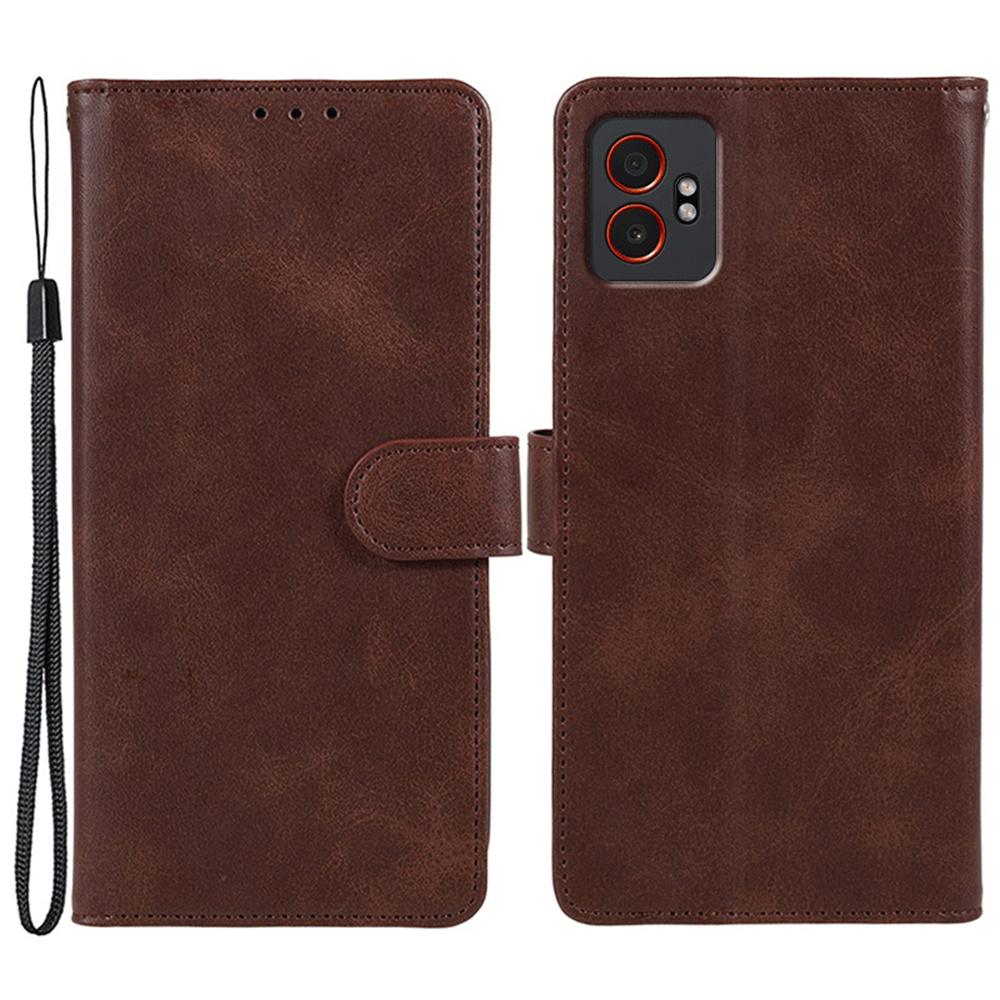 For Samsung Galaxy XCover7 Pro Case Calf Texture PU Leather Wallet Phone Cover with Wrist Strap