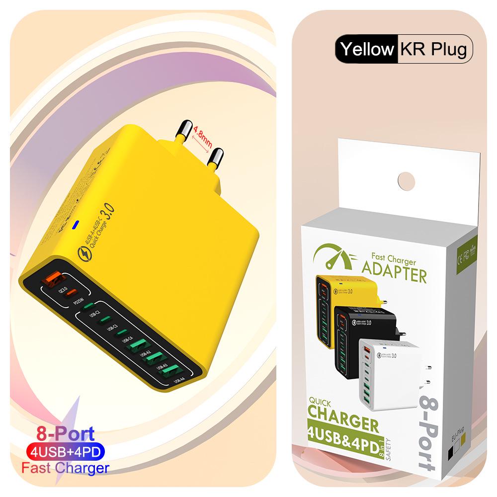 Fast 8-Port Charger: 4 USB, 4 PD, 55W, QC3.0 – Compatible with European, American, Korean Standards