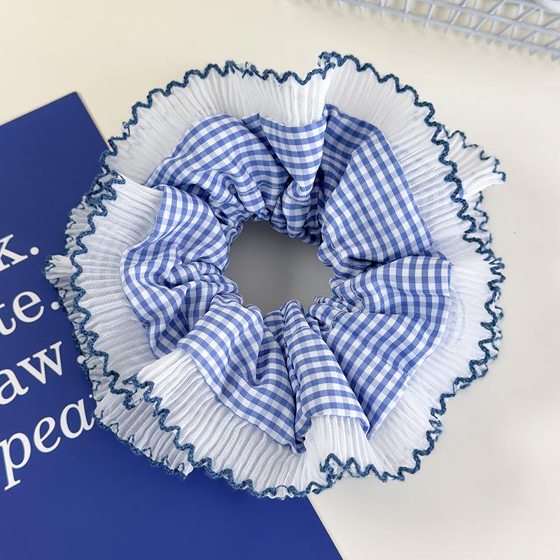 Blue Lattice Ruffles Hair Scrunchies Double Lace Headbands Womens Girls Sweet Romance Hair Rope Female Tie Rubber Band Headdress