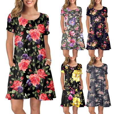 Frauen Sommer Kurzarm Blumen Gedruckt Taschen Sommerkleid Casual Swing Kleid