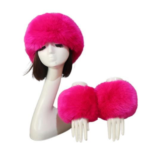 

1 Set Women Headband Gloves Solid Color All Match Faux Fur Furry Empty Top Hat Wrist Sleeves for Skiing 19