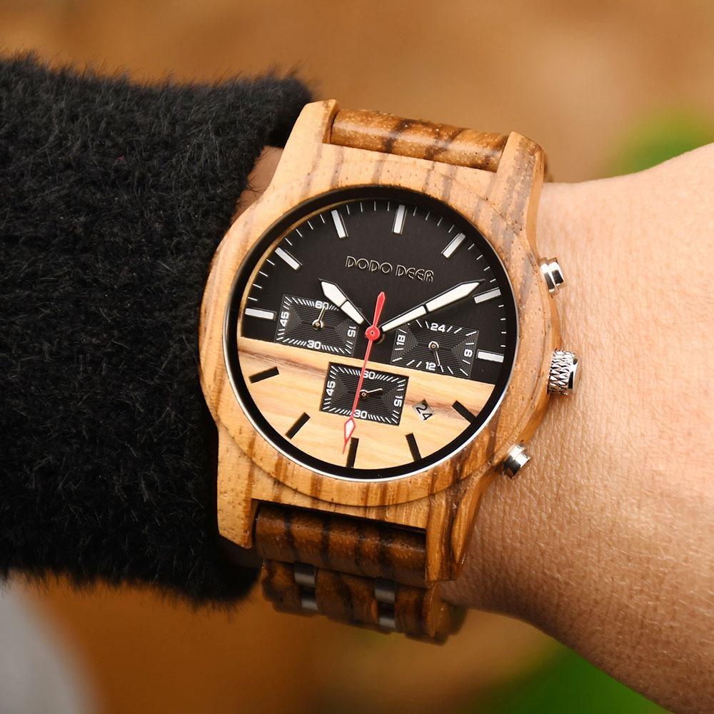 Wood Watch Multifunctional Luminous Calendar Chronograph 3-sub Dials Wooden Quartz Wristwatch Gift