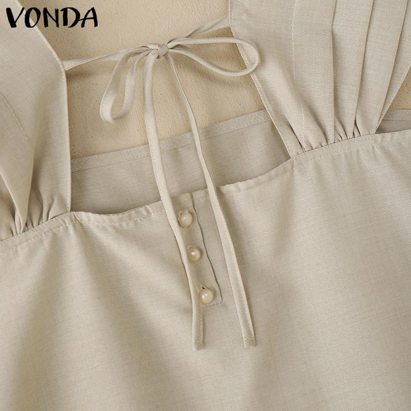 VONDA Women Square Collar Casual Pleated Short Sleeve Blouse Tops