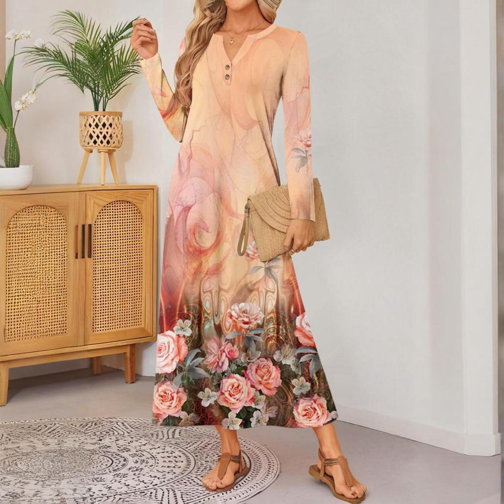 women retro printed long-sleeved comfortable loose dress, elegant dress
