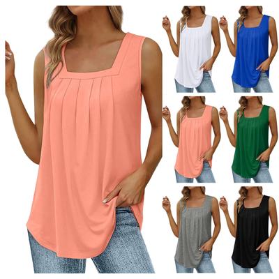 Women's Fashion Sexy Pleated Square Neck Solid Color Sleeveless Vest Top