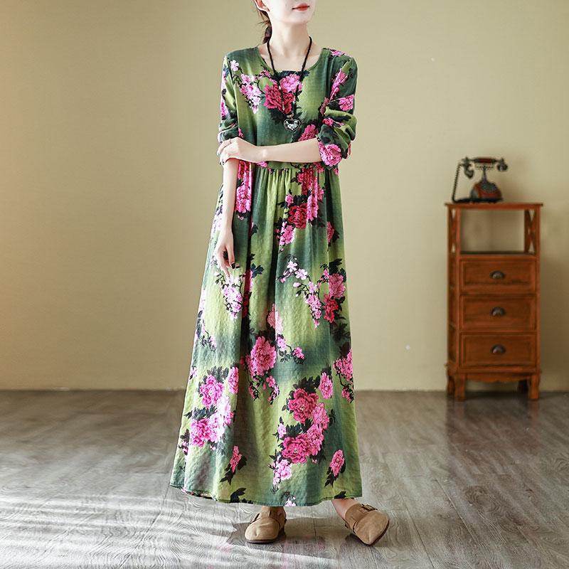 

DIMANAF 2025 Spring Women Plus Size Floral Loose Dress Vintage Basic Printing Long Dress Casual Dress Maxi 3XL зелёный