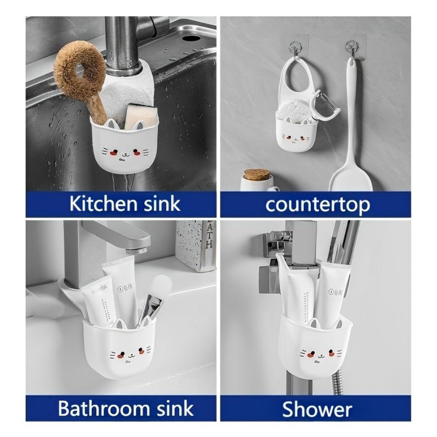 3pcs Set, Cute Cat Silicone Faucet Cover, Sponge Holder with Drainage Hole, Drying Rack, Storage Rack, Over-Sink Drain Rack