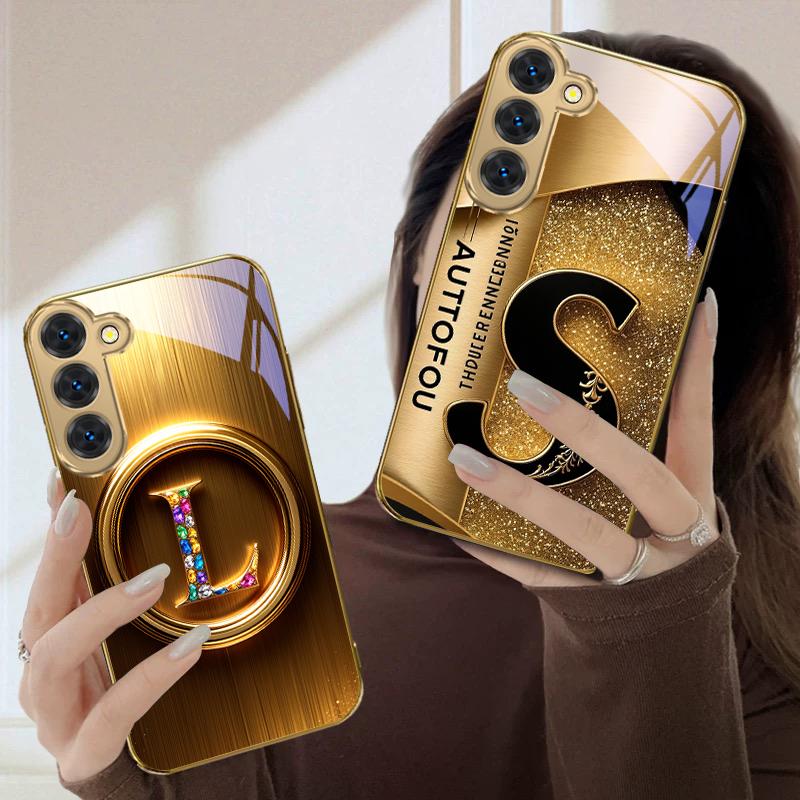 The ornate letter "S" For Samsung Galaxy S26 S20 FE S21 S22 Ultra 23 Plus 24 Ultra 25Ultra S21+ 22Plus Golden glass phone case