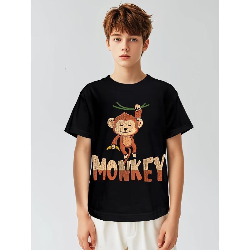 Tallas Europeas Camiseta de Algodón Estampado de Mono - Lindo Rostro de Mono Manga Corta Cuello Redondo Top | Lavable a Máquina