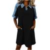 Women’s Casual Denim Patchwork Dress Short Sleeve Loose Fit T Shirt Dress with Pockets and Printed Design for Everyday Wear