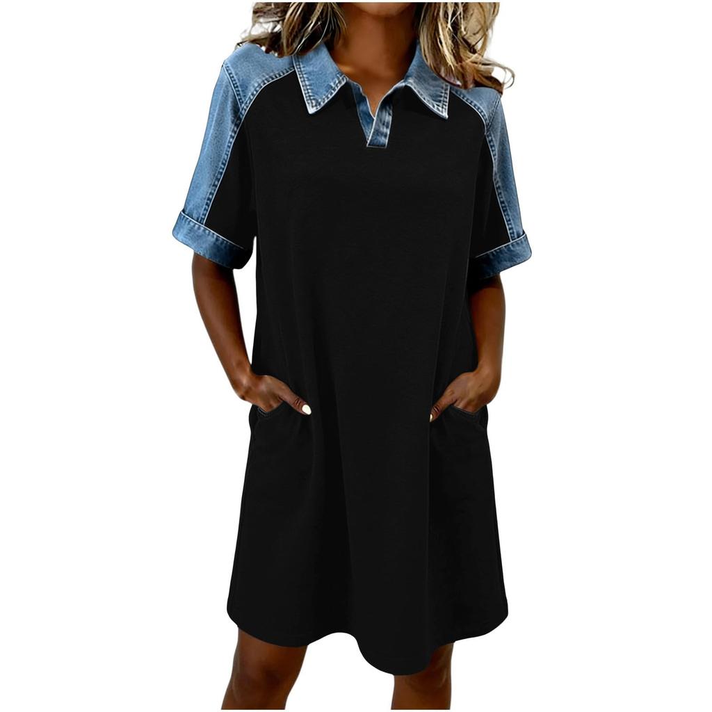 Women’s Casual Denim Patchwork Dress Short Sleeve Loose Fit T Shirt Dress with Pockets and Printed Design for Everyday Wear