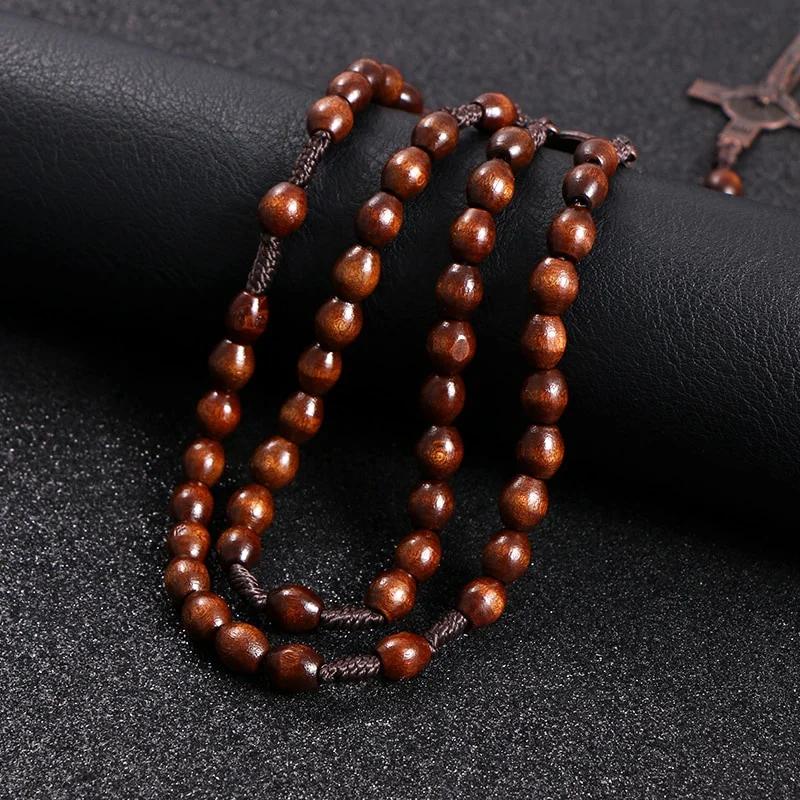 Christ Jesus Wooden Beads Rosary Cross Car Pendant Braided Rope Chain Necklace Religious Orthodox Prayer Jewelry
