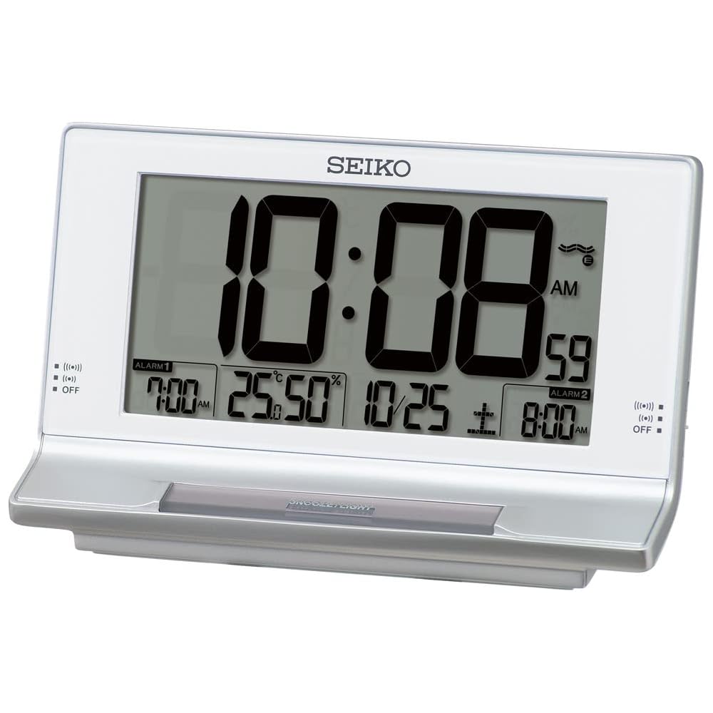 Seiko Clock Alarm Clock, Table Clock, Digital, Radio Controlled, Silver Metallic, 102 x 175 x 81 mm, SQ322S