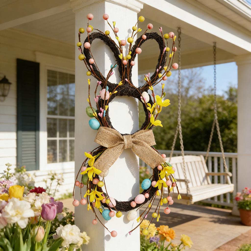 50*25cm Easter Bunny Wreath With Flowers, Bunny Shaped Pendant, Front Door Decoration