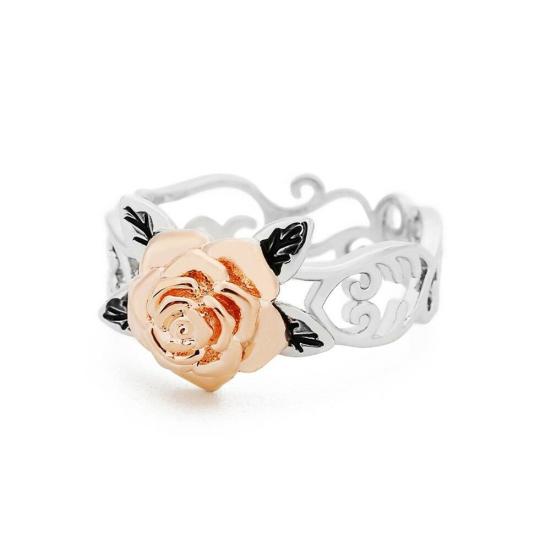 Elegant Two Tone Women Rose Flower Hollow Band Finger Ring Wedding Jewelry Gift