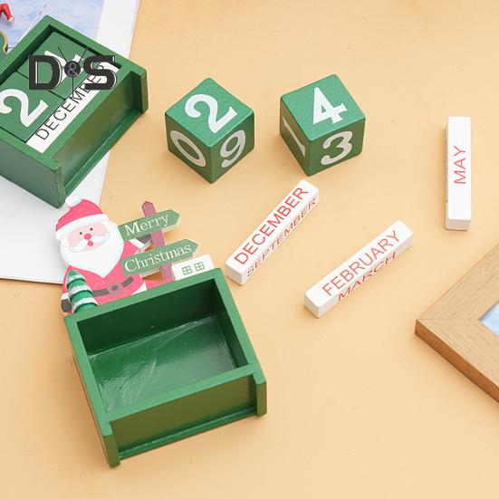 Christmas Wooden Desktop Calendar Santa Snowman Reindeer Tree Perpetual Calendar Wood Display Block Ornament for Home Office Decoration