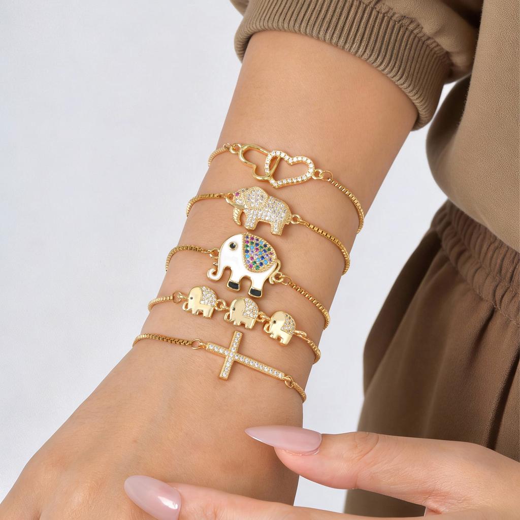 Colorful Cubic Zirconia Bracelet for Women Adjustable Bangle,Elephant Heart Cross Charms Fashion Handmade Jewelry